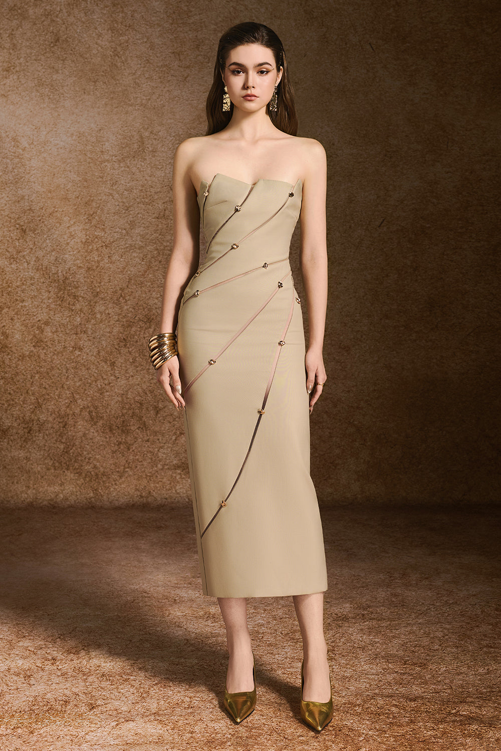 Tranquil Sheath Sleeveless Khaki Calf Length Dress
