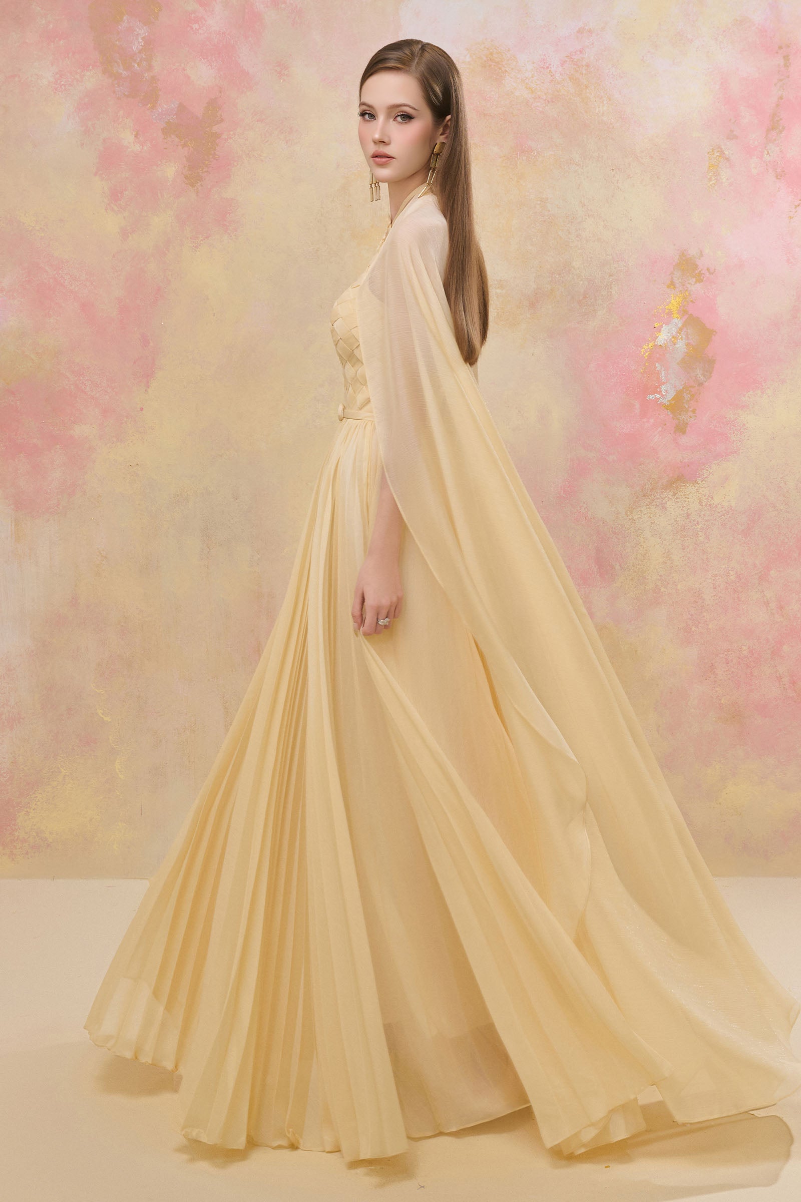 pleated yellow maxi dress Elegant One-shoulder Pleated Yellow Maxi Evening Gown