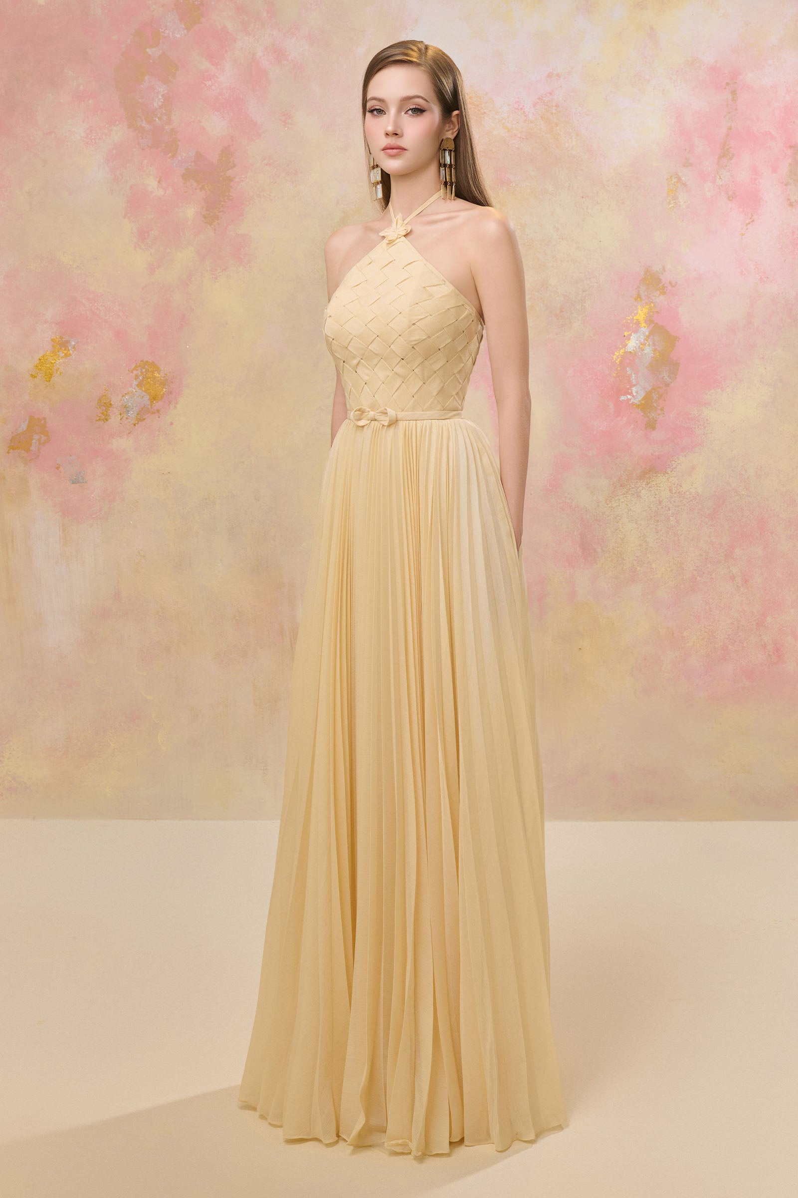 Women's Yune Pleated Maxi Dress Pastel Yellow S/M/L/Customize MEAN BLVD Women's Yune Pleated Maxi Dress Pastel Yellow S/M/L/Customize MEAN BLVD