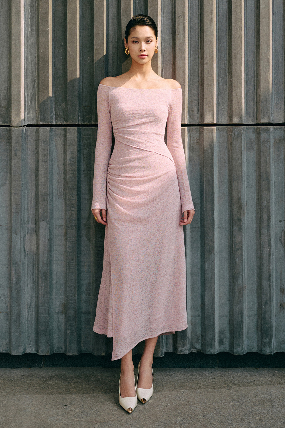 Blossom A-line Off-Shoulder Spandex Midi Dress