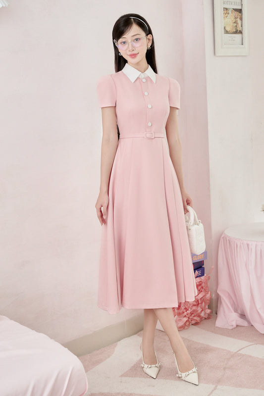 Delina Pleated Belt Strap Cotton Midi Dress