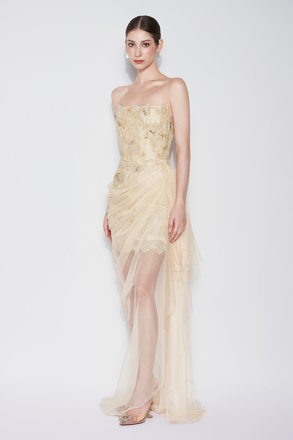 Butterfly Reverie Sarong Semi-Heart Neck Lace Floor Length Dress