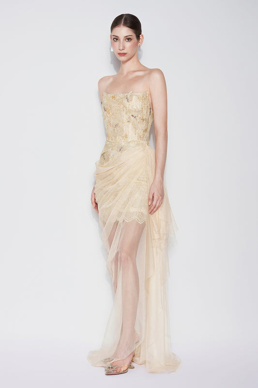 Butterfly Reverie Sarong Semi-Heart Neck Lace Floor Length Dress