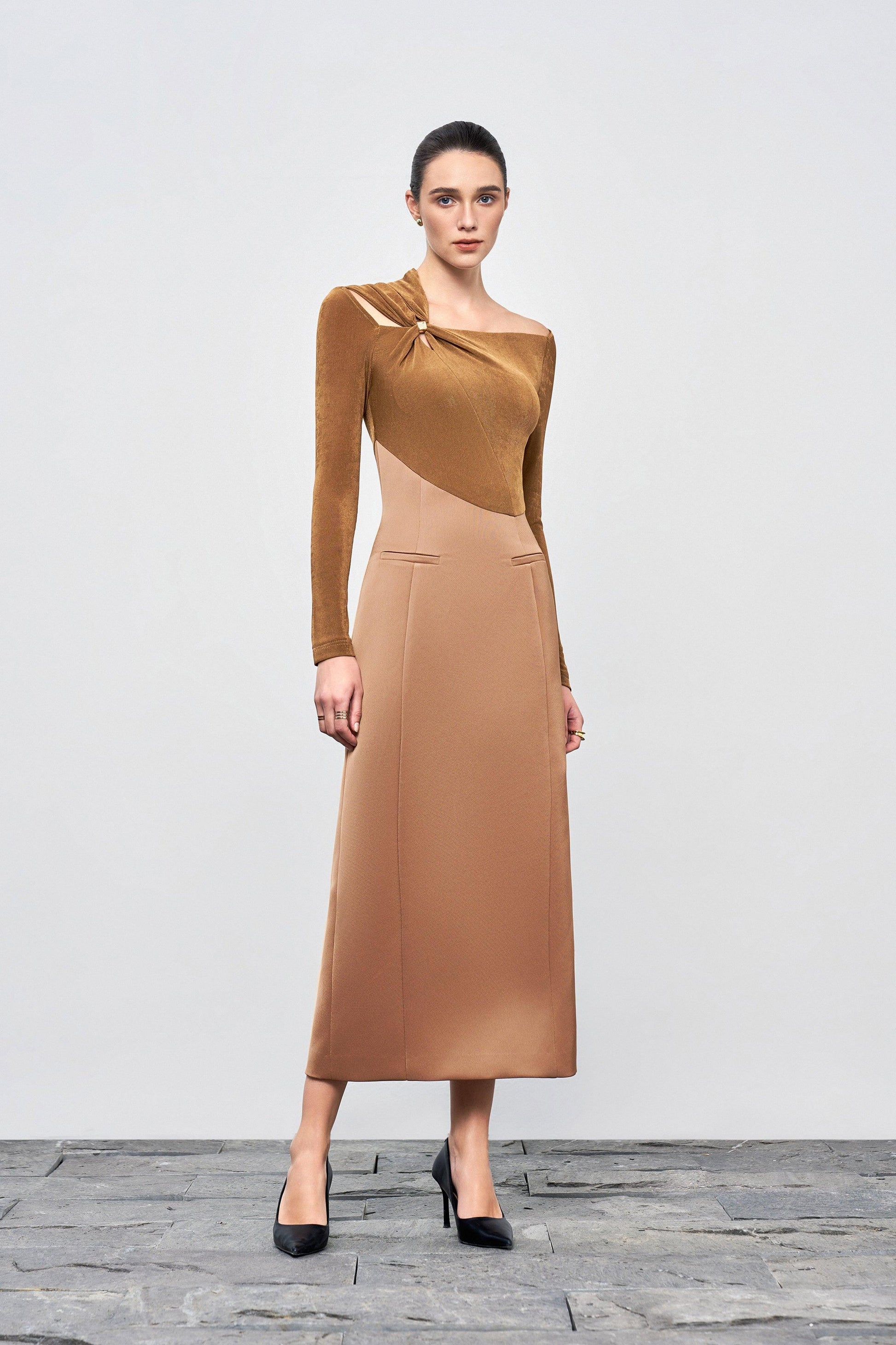 Eleanor Sheath Asymmetric Neck Taffeta Midi Dress