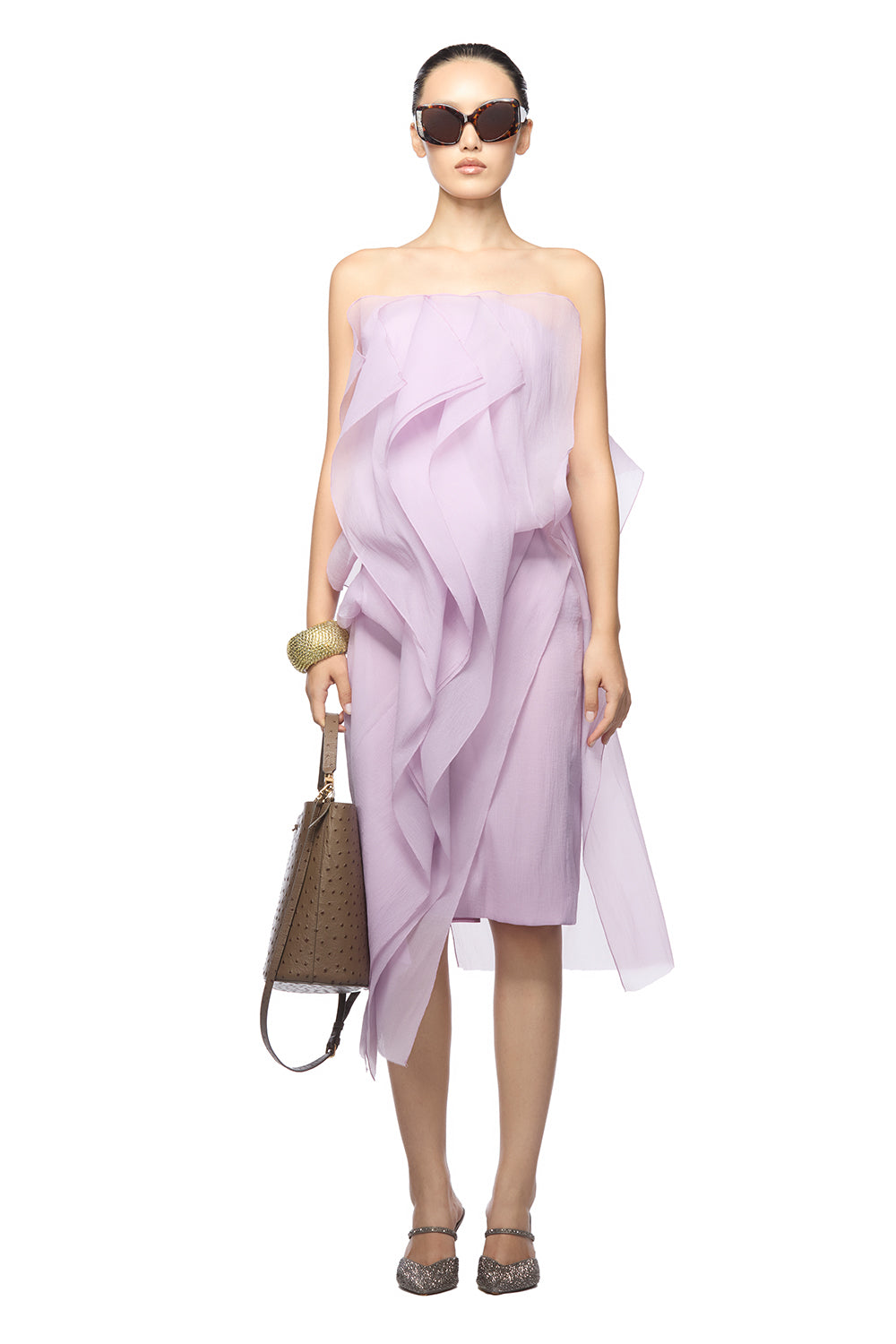 Montoya Strapless Ruffle Trim Organza Midi Dress