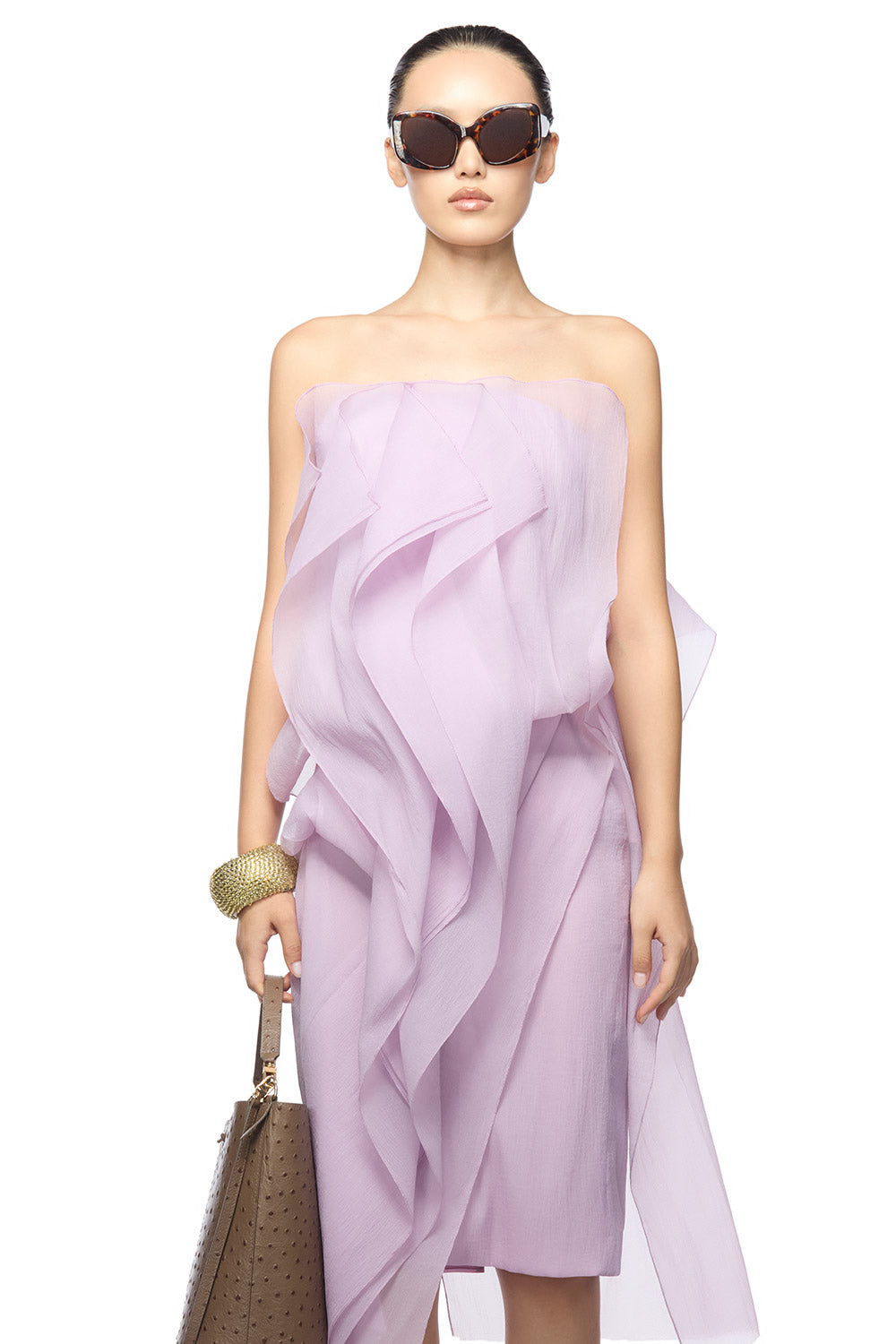 Montoya Strapless Ruffle Trim Organza Midi Dress