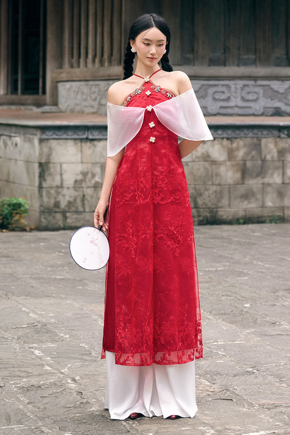 Phuong Cam A-line Cold Shoulder Sleeved Silk Lace Floor Length Ao Dai Set