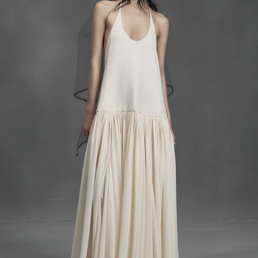 Plaice Drop Waist Scoop Neck Silk Chiffon Floor Length Dress
