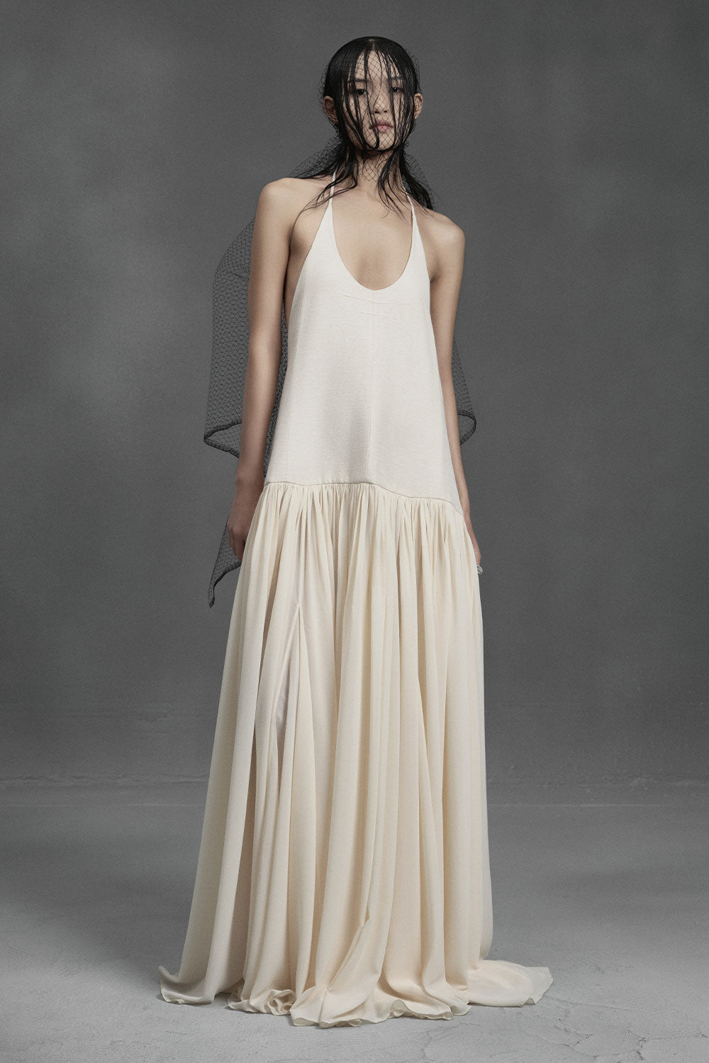 Plaice Drop Waist Scoop Neck Silk Chiffon Floor Length Dress