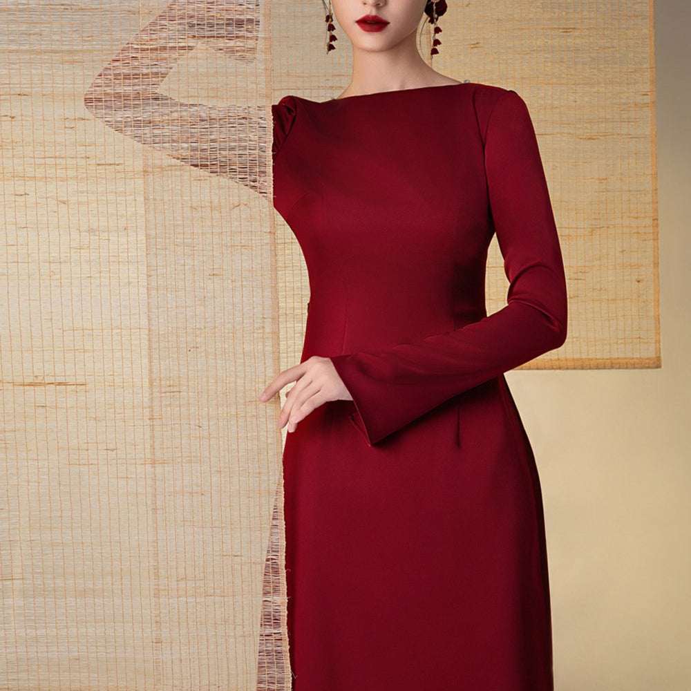 Thanh Sac A-line Boat Neck Twill Silk Floor Length Ao Dai Set