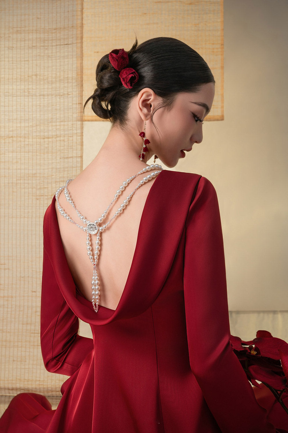 Thanh Sac A-line Boat Neck Twill Silk Floor Length Ao Dai Set