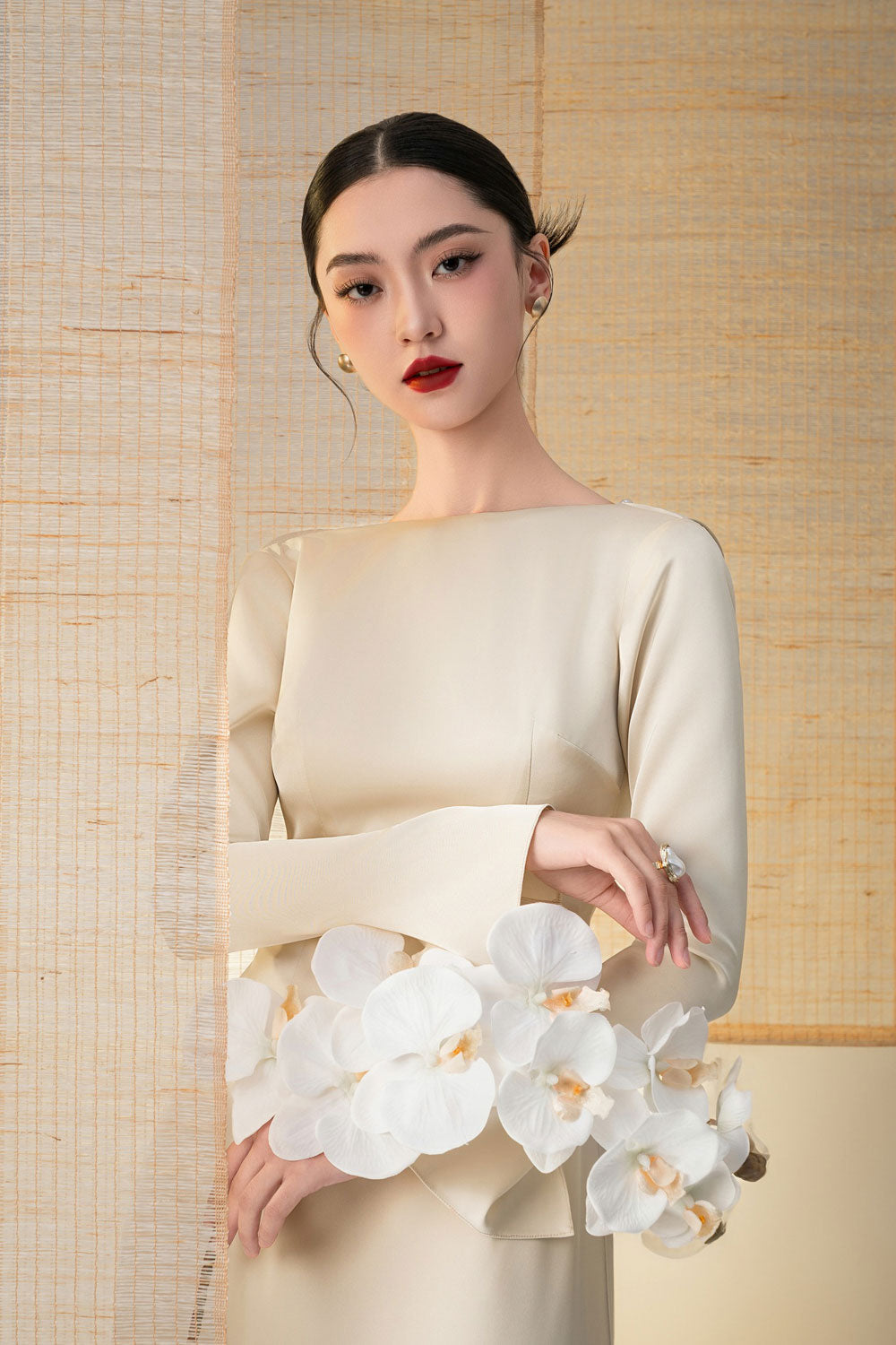 Thanh Sac A-line Boat Neck Twill Silk Floor Length Ao Dai Set