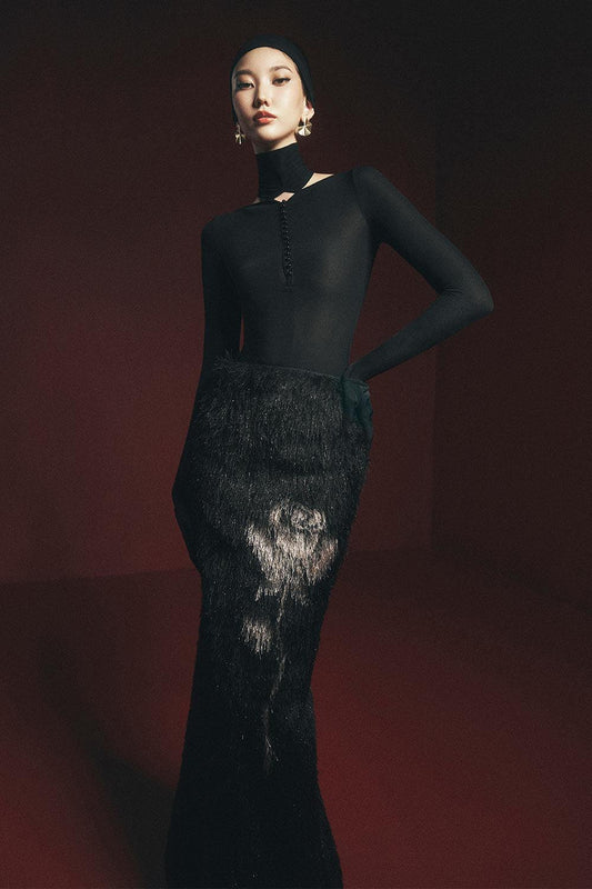 Palash Straight Floral Faux Fur Ankle Length Skirt