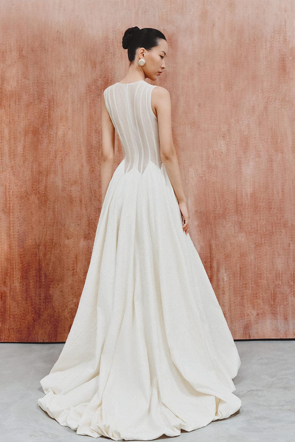 Reyna Gored Sleeveless Foam Organza Floor Length Dress