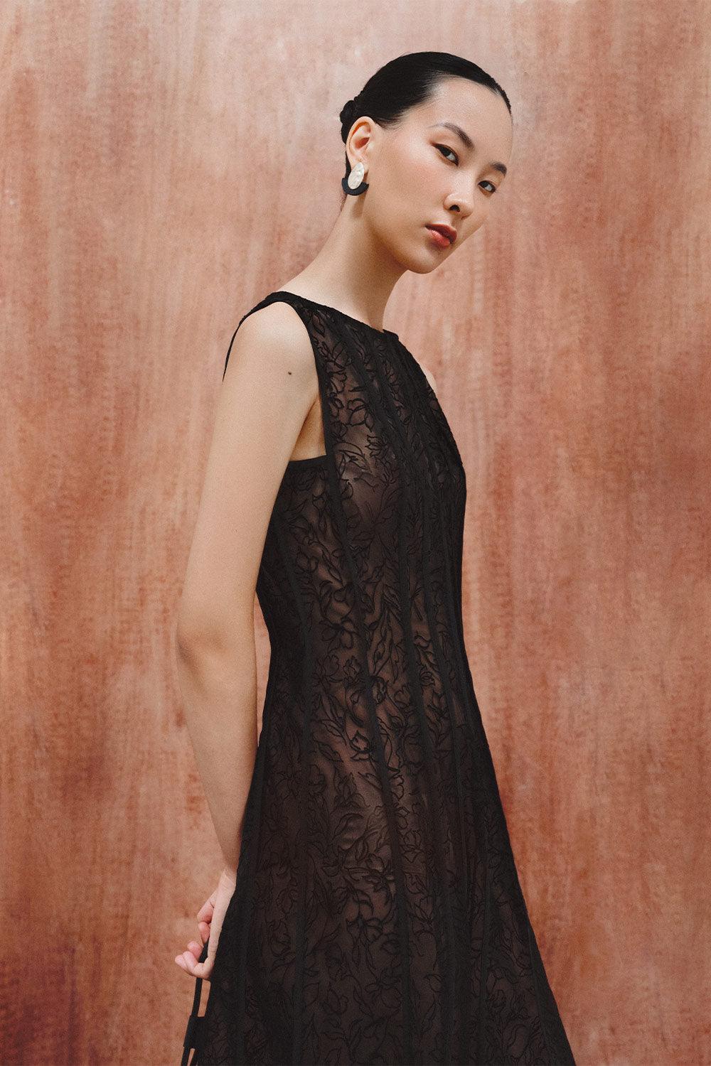 Women's Garcia A-line Boat Neck Poly Organza Ankle Length Dress XS/S/M/L/Customize Black Floral MEAN BLVD XS / Black / Floral