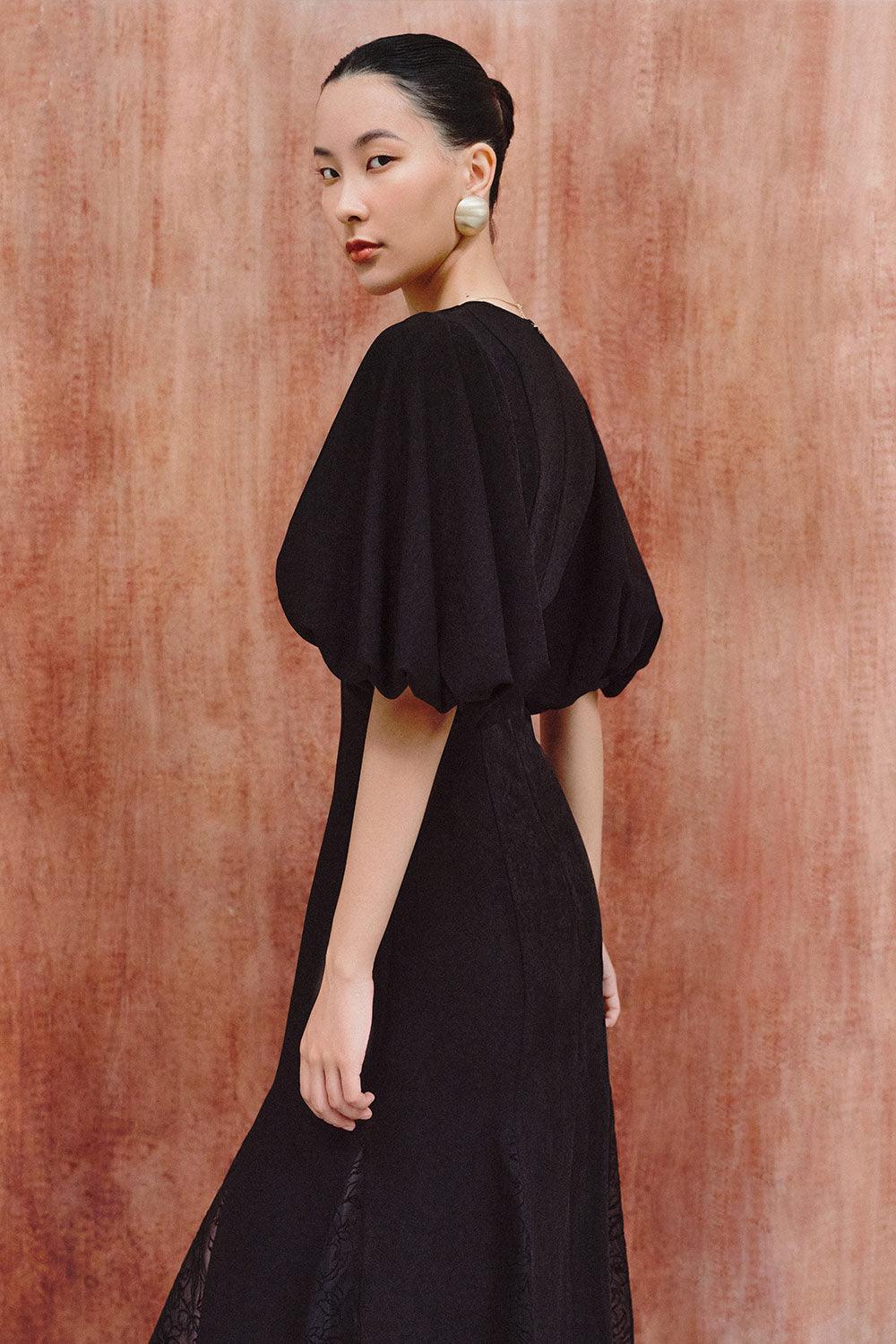 Moran Godet Lace Spandex Velvet Maxi Dress