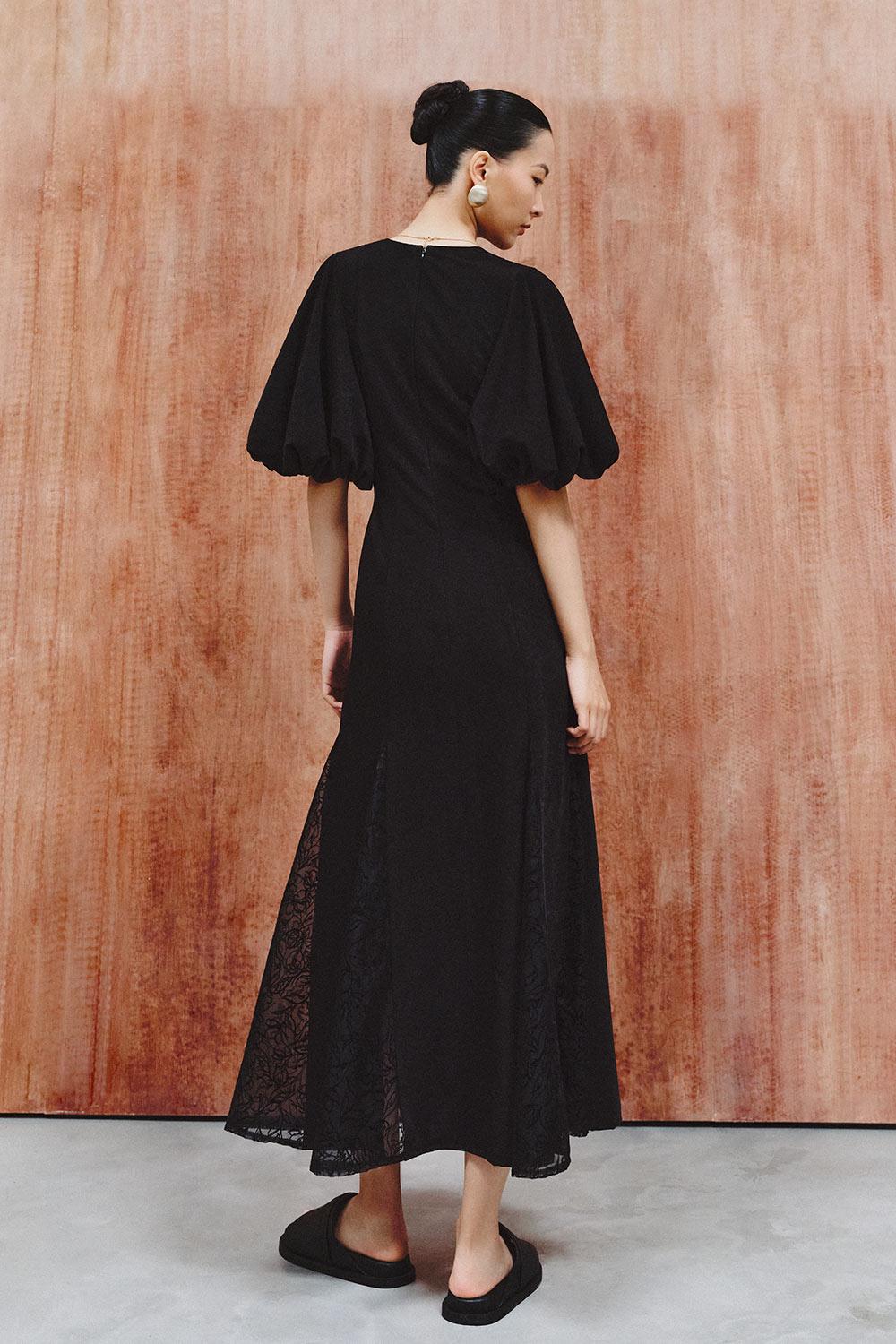 Moran Godet Lace Spandex Velvet Maxi Dress