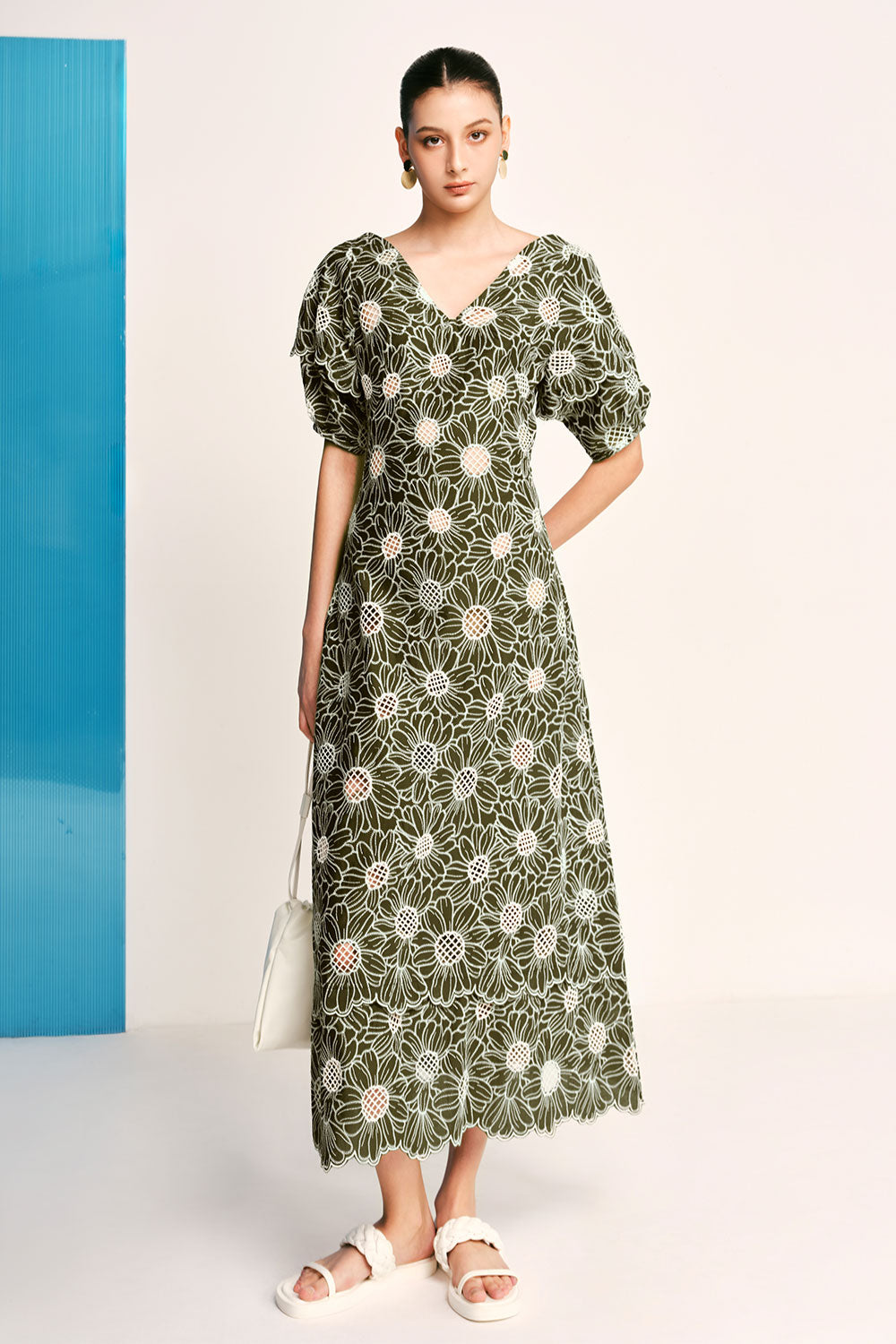 Alexandra A-line Puffy Sleeved Embroidered Cotton Midi Dress