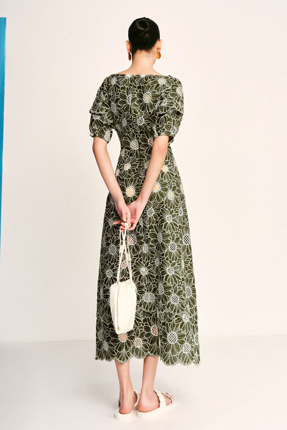 Alexandra A-line Puffy Sleeved Embroidered Cotton Midi Dress