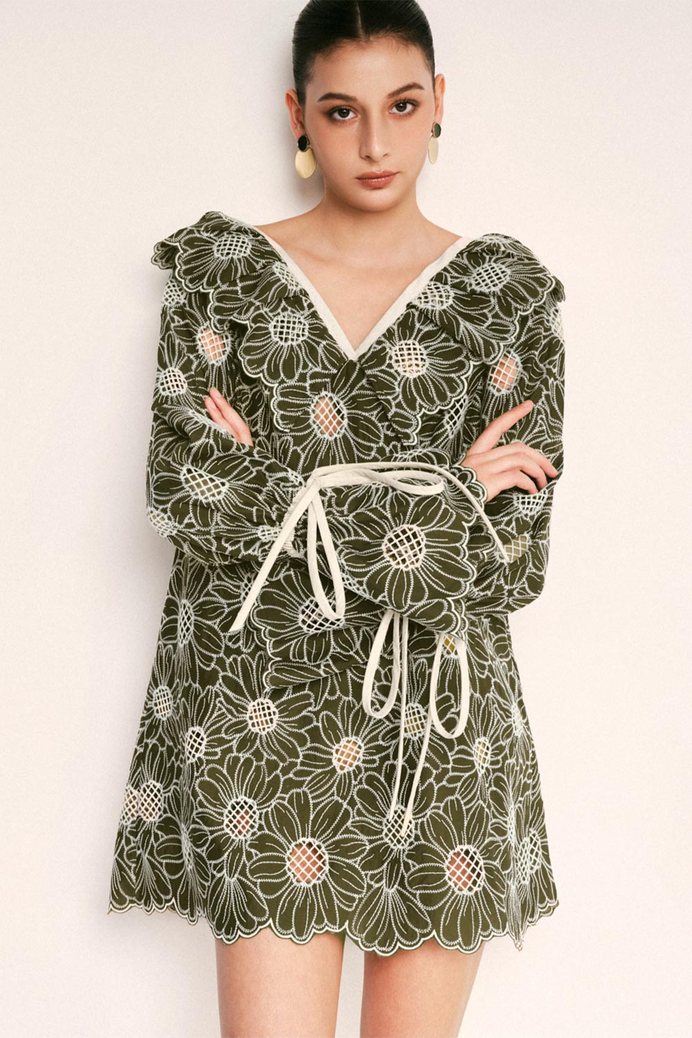 Florence Trapezoid Bertha Collar Embroidered Cotton Mini Dress