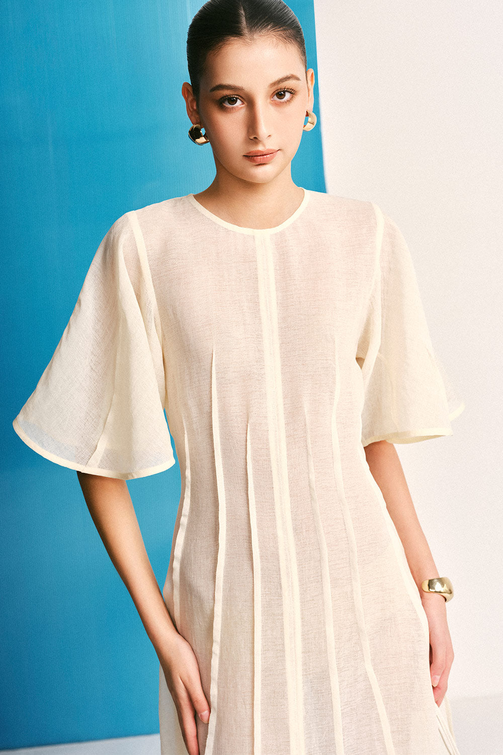 Women's Clever Ben A-line Bell Sleeved Sheer Fabric Midi Dress S/M/L/Customize Cream MEAN BLVD Women's Clever Ben A-line Bell Sleeved Sheer Fabric Midi Dress S/M/L/Customize Cream MEAN BLVD