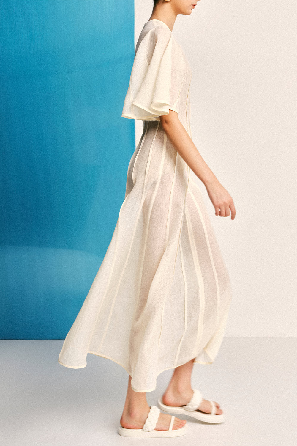 Clever Ben A-line Bell Sleeved Sheer Fabric Midi Dress