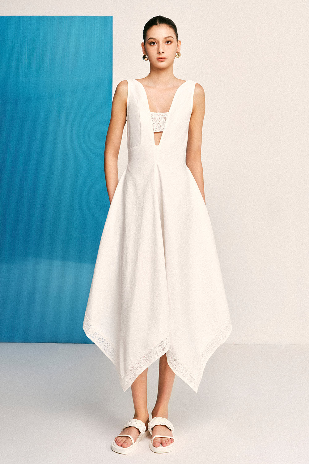 Maeve A-line Plunge Neck Woven Cotton Midi Dress