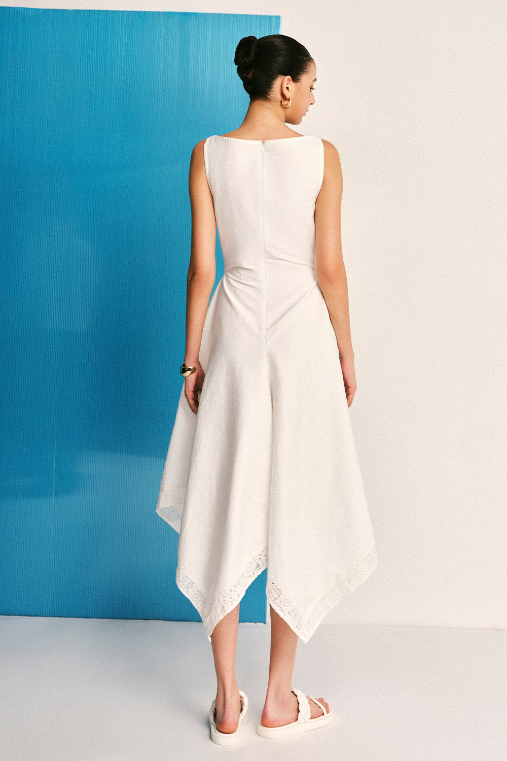 Maeve A-line Plunge Neck Woven Cotton Midi Dress