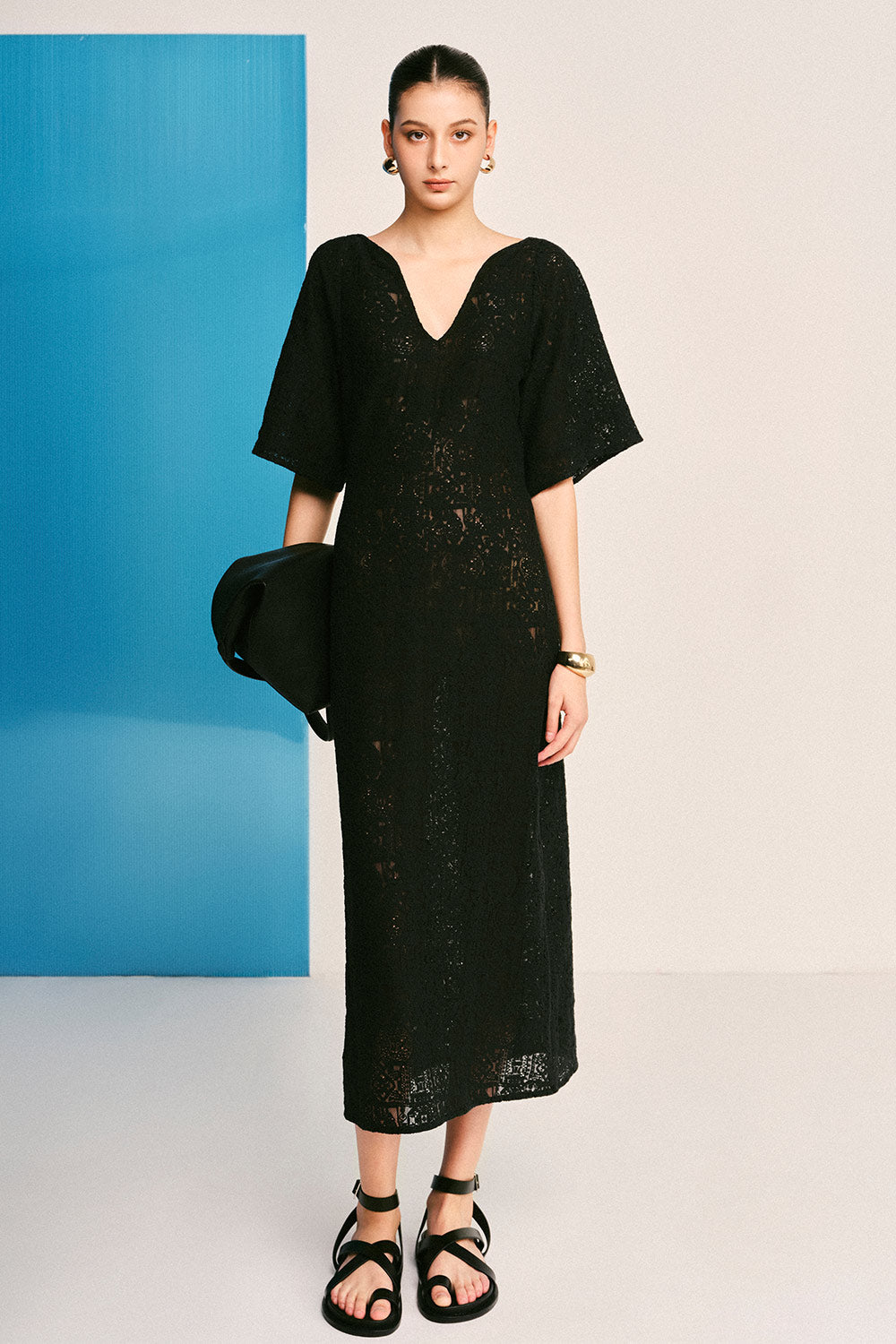 Everyday Sheath Wide Sleeved Cotton Lace Midi Dress