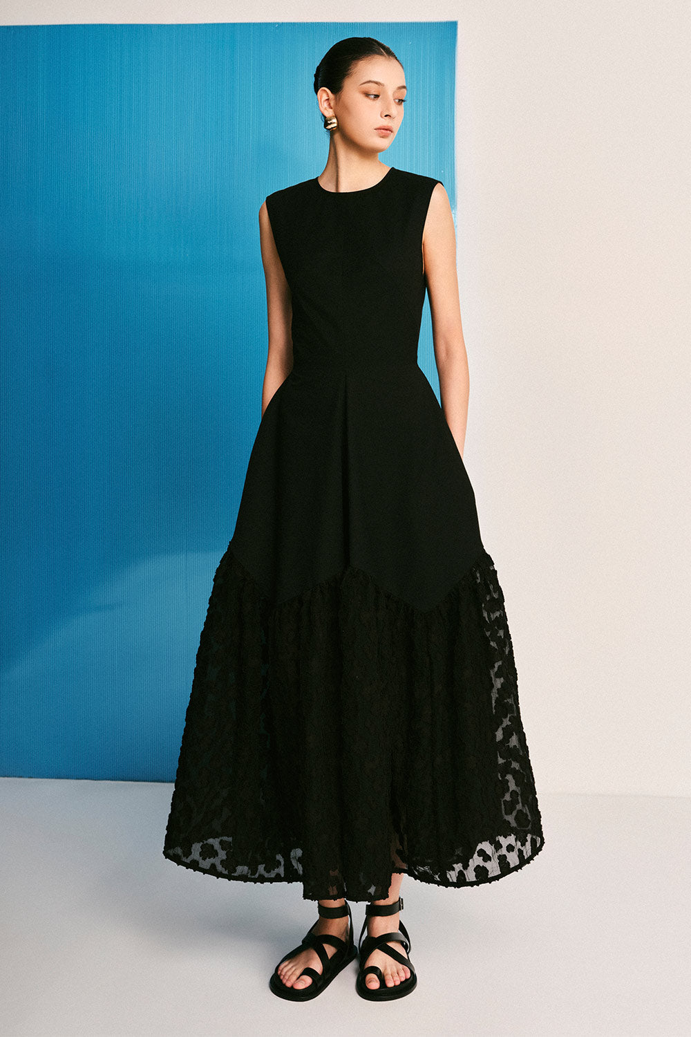 Black Clouds Drop Waist Sleeveless Woven Cotton Midi Dress