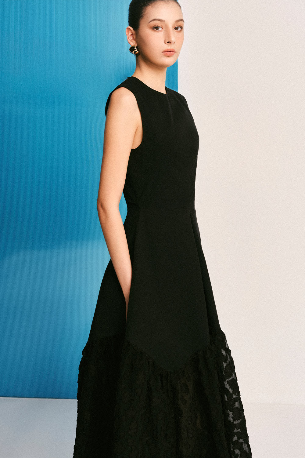 Black Clouds Drop Waist Sleeveless Woven Cotton Midi Dress