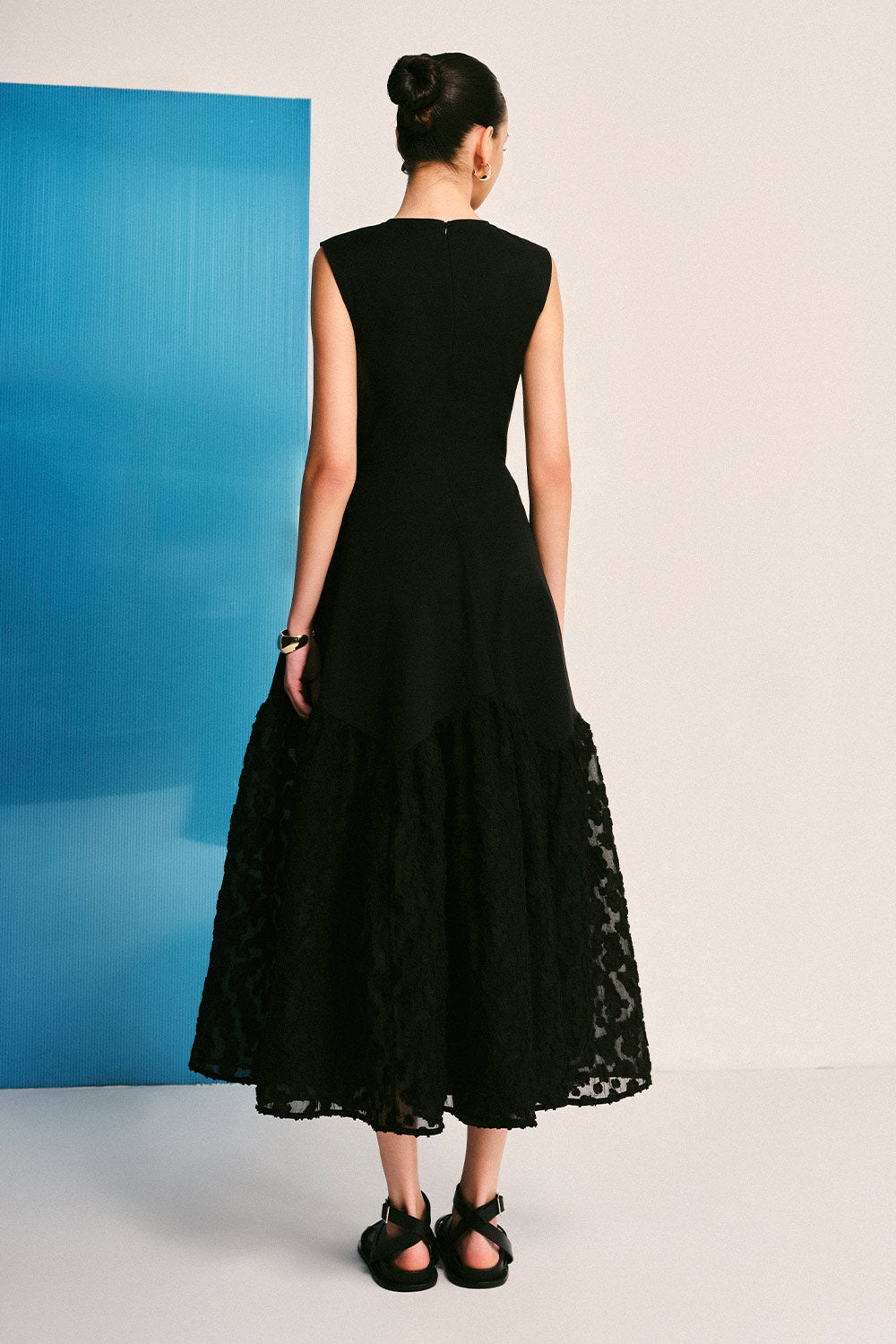 Black Clouds Drop Waist Sleeveless Woven Cotton Midi Dress