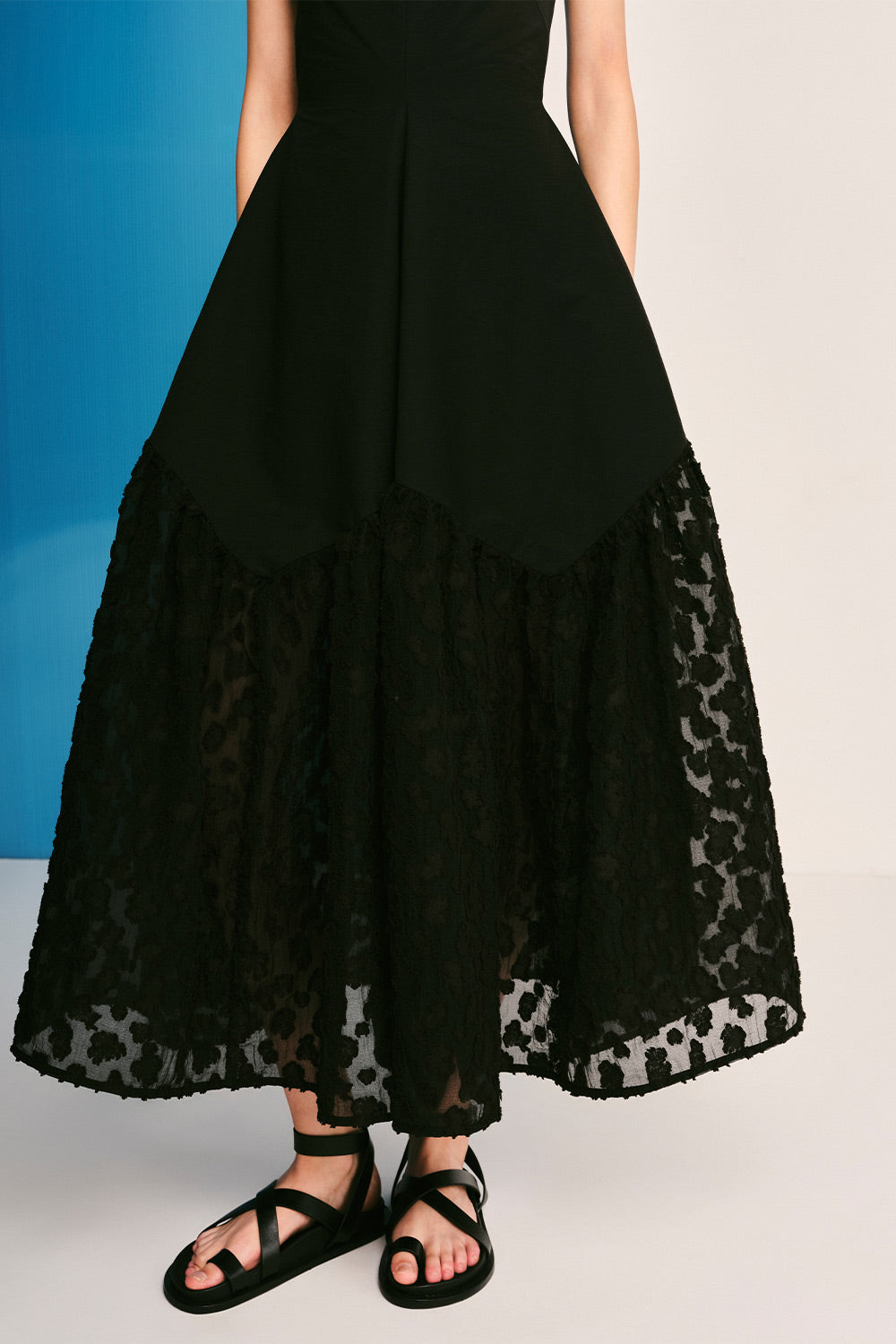 Black Clouds Drop Waist Sleeveless Woven Cotton Midi Dress