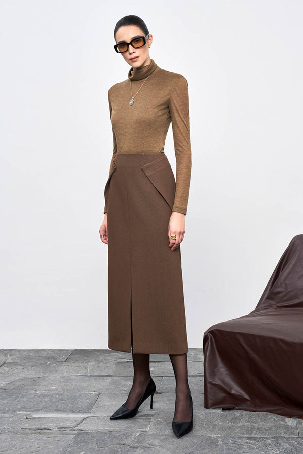 Lyra Straight Front Slit Crepe Midi Skirt