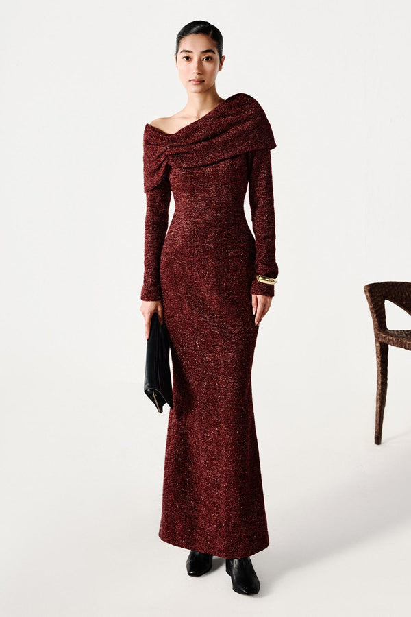 Wilcoxie Trumpet Asymmetric Neck Tweed Maxi Dress