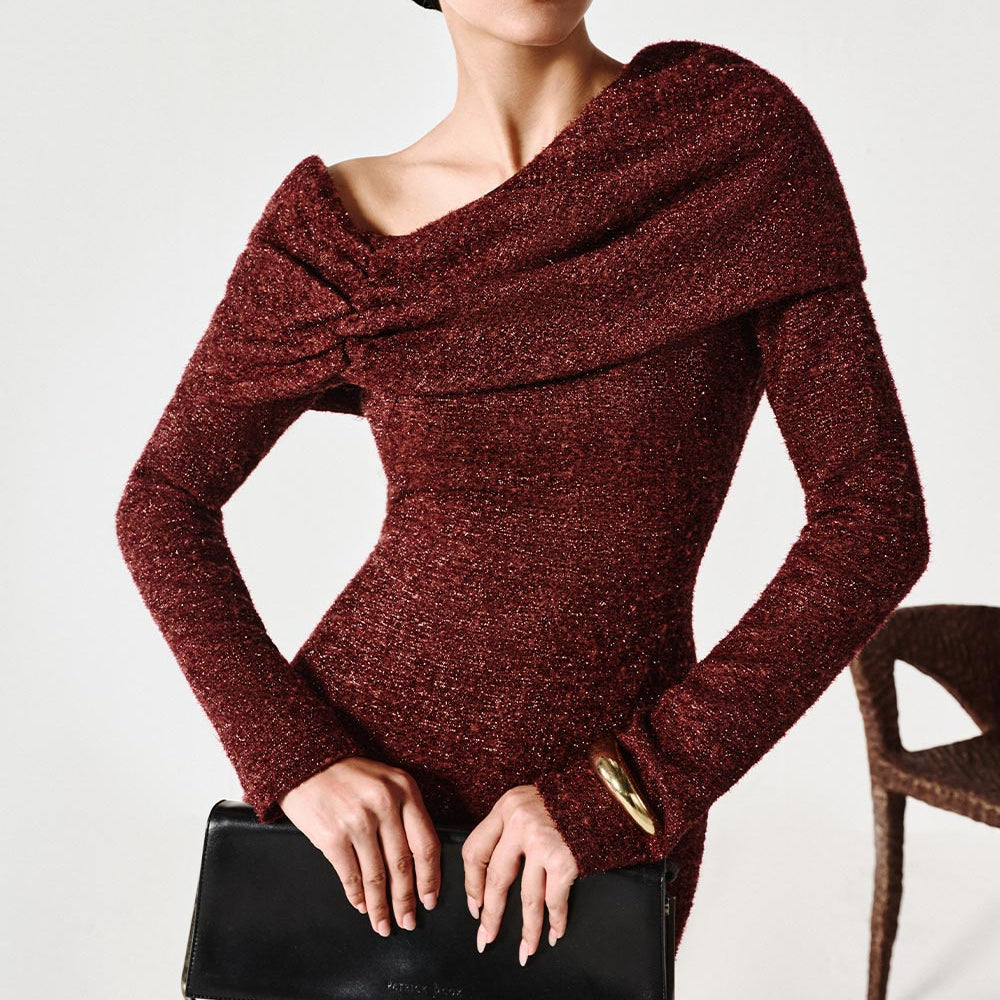 Wilcoxie Trumpet Asymmetric Neck Tweed Maxi Dress