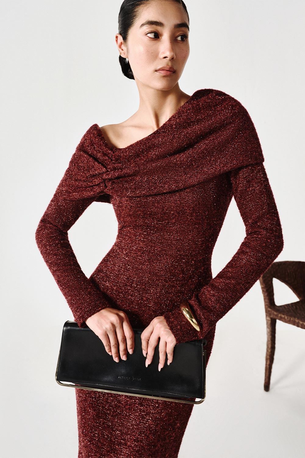 burgundy tweed dress Women's Wilcoxie Trumpet Asymmetric Neck Tweed Maxi Dress S/M/L/Customize Burgundy MEAN BLVD Burgundy / Customize main image 0