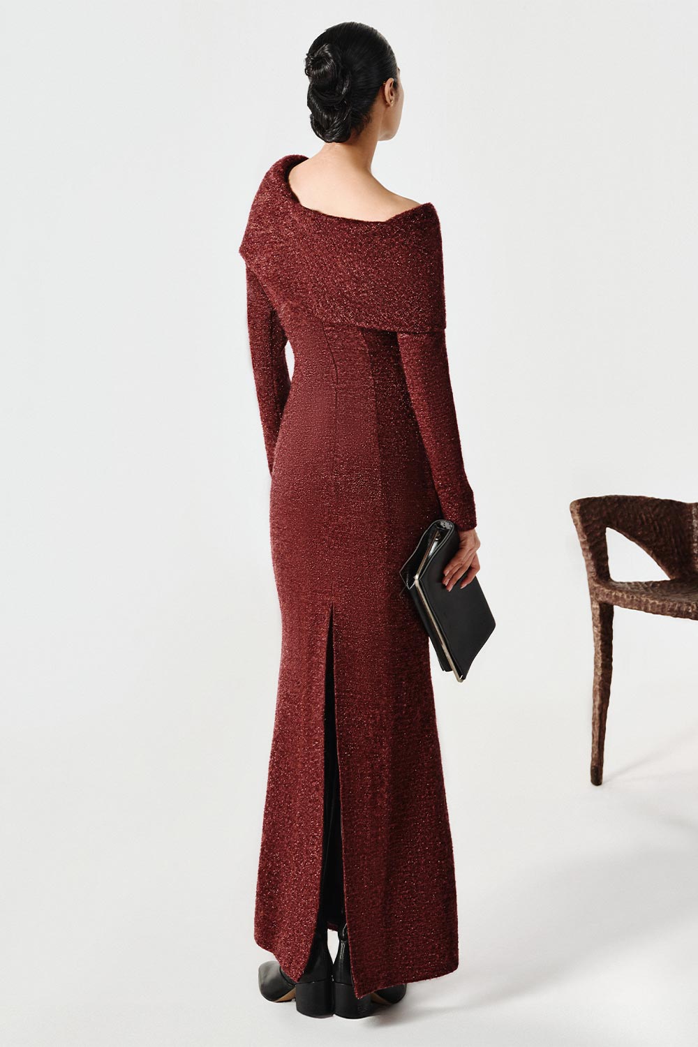 Wilcoxie Trumpet Asymmetric Neck Tweed Maxi Dress