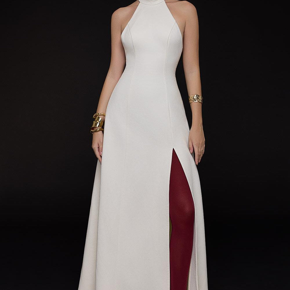 Snowyy Slit Halter Neck Cotton Floor Length Dress