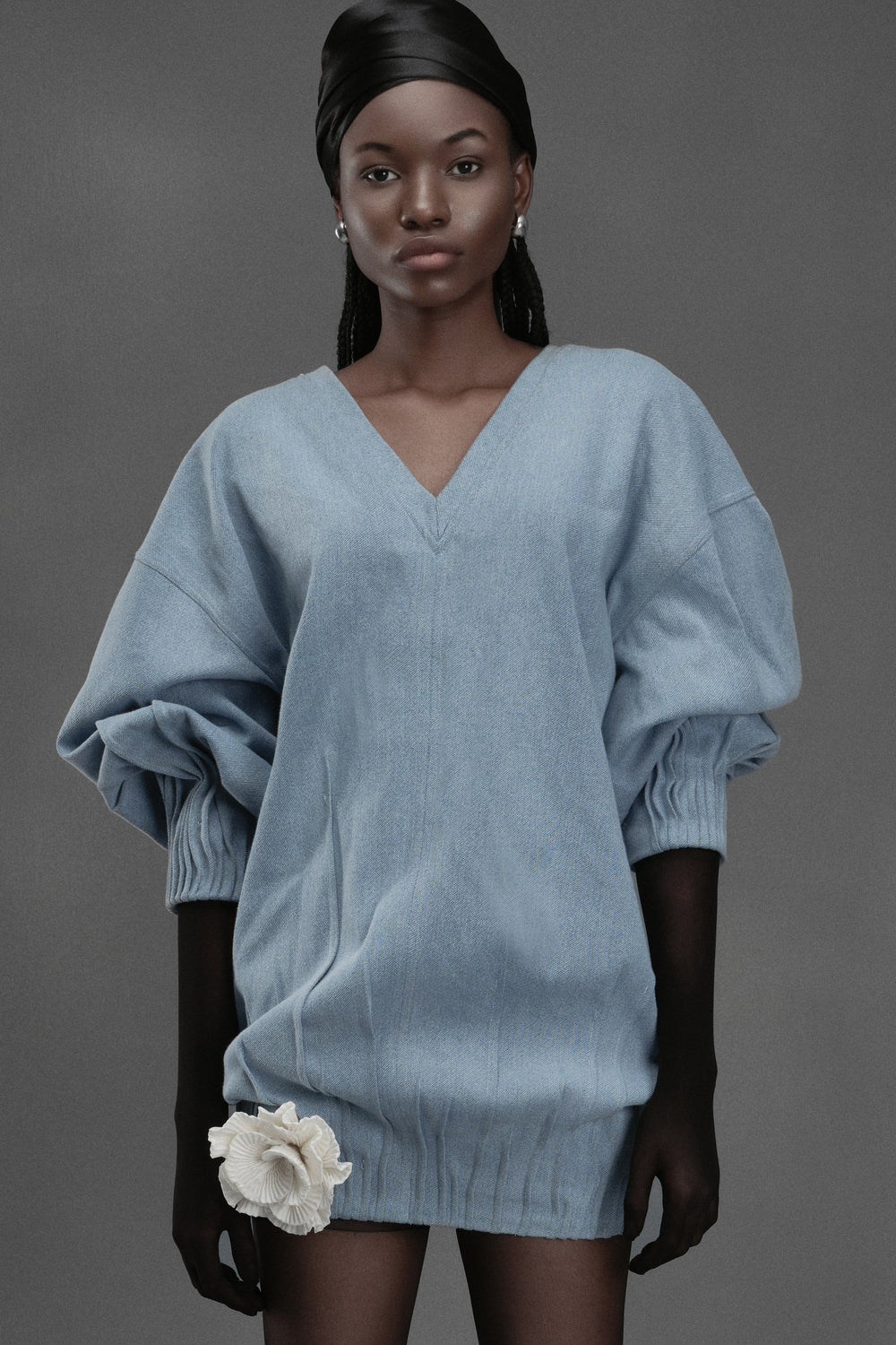 Women's Lobster Cocoon Puffy Sleeved Jean Mini Dress XS/S/M/Customize Blue/Black/Cream MEAN BLVD Blue / S