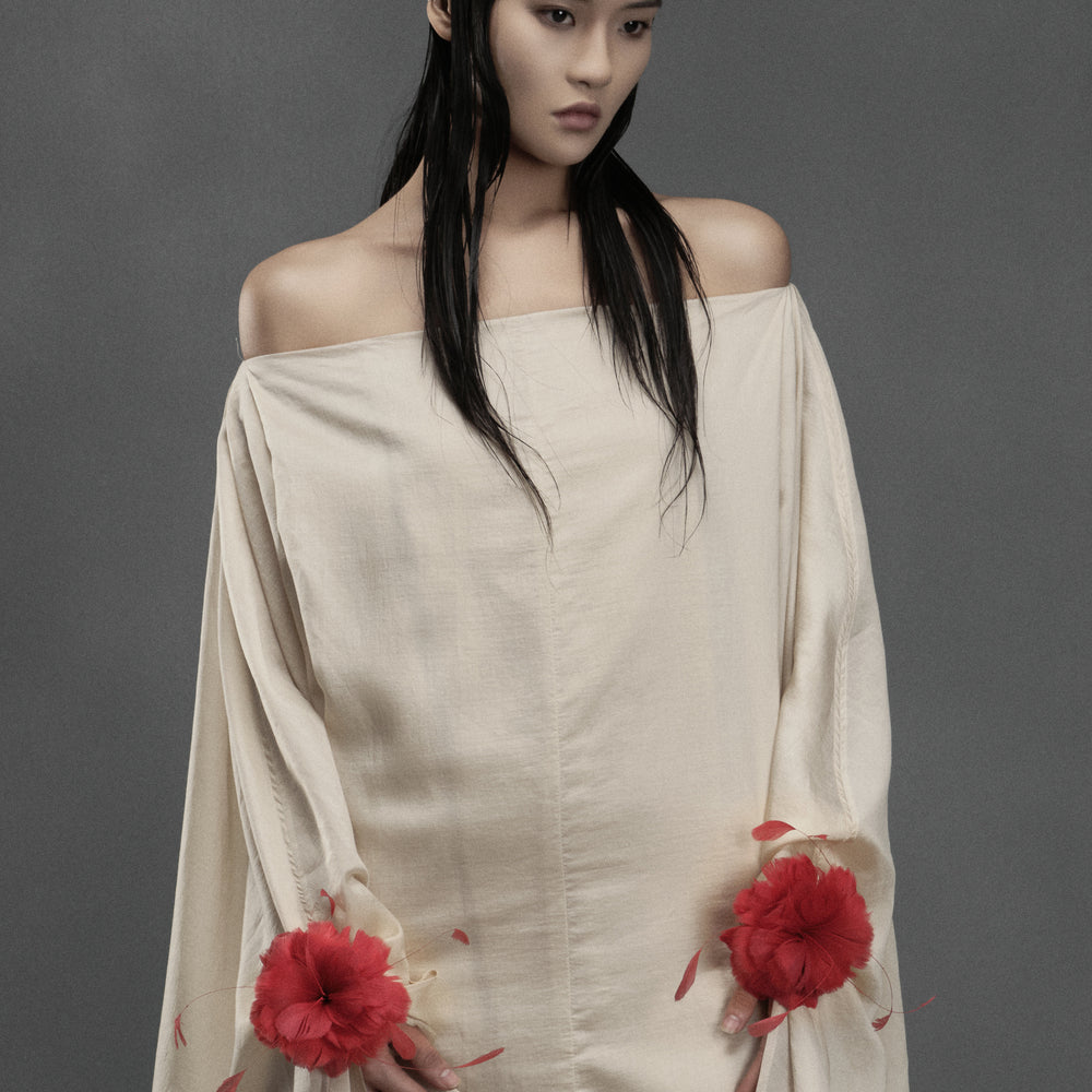 Shrimp Straight Off-Shoulder Chiffon Mini Dress