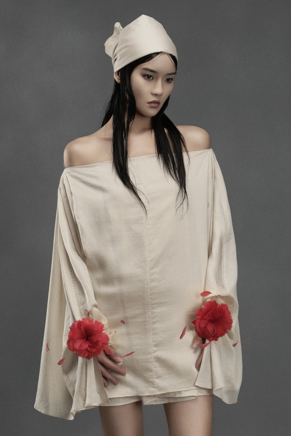 Shrimp Straight Off-Shoulder Chiffon Mini Dress