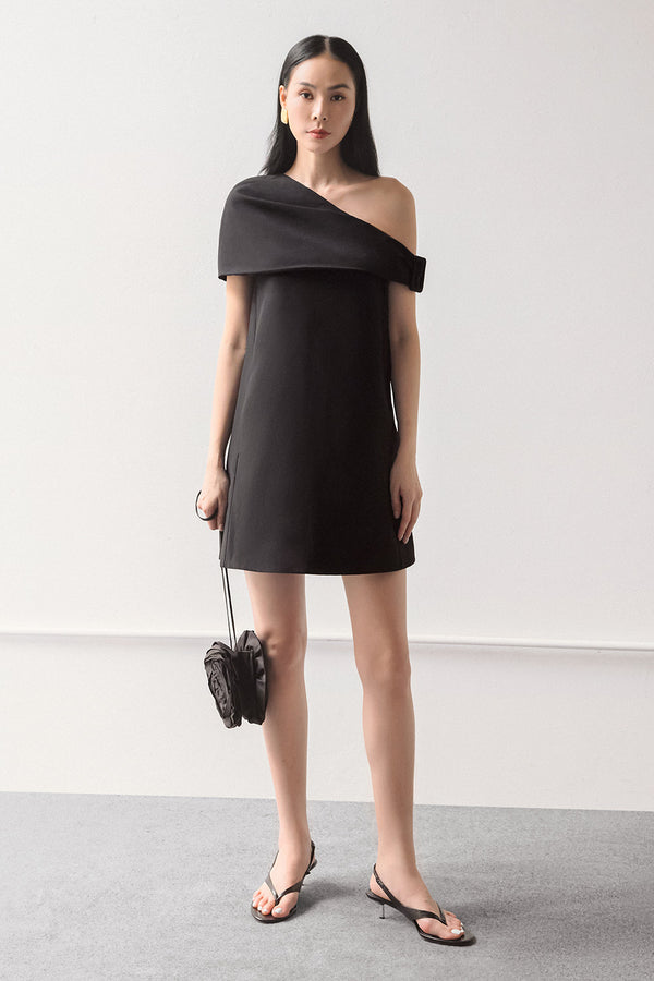 Susan Trapezoid Asymmetric Shoulder Crepe Mini Dress