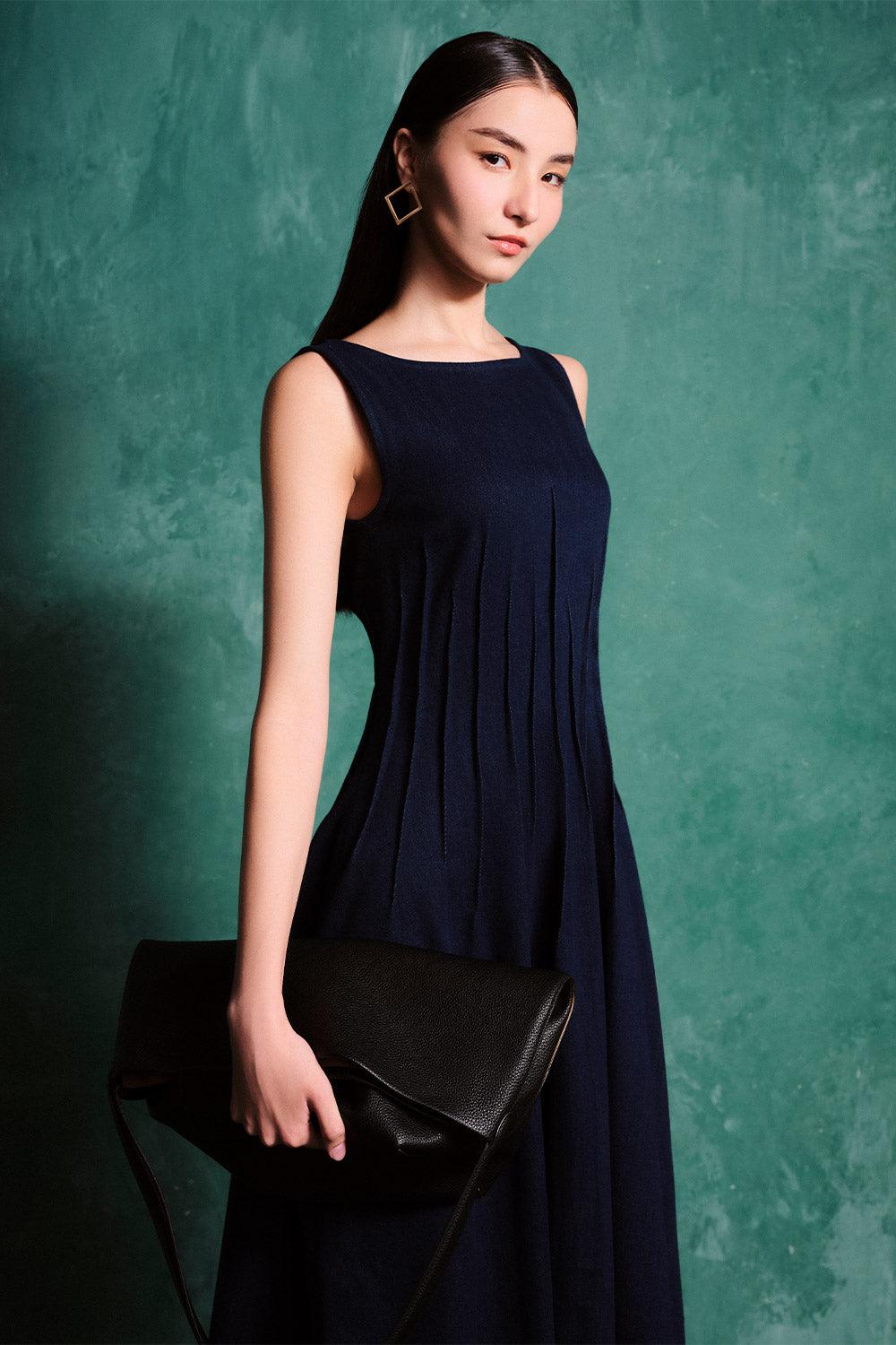 Women's Brylee A-line Sleeveless Denim Midi Dress S/M/L/Customize Navy MEAN BLVD Navy / S Women's Brylee A-line Sleeveless Denim Midi Dress S/M/L/Customize Navy MEAN BLVD Navy / S