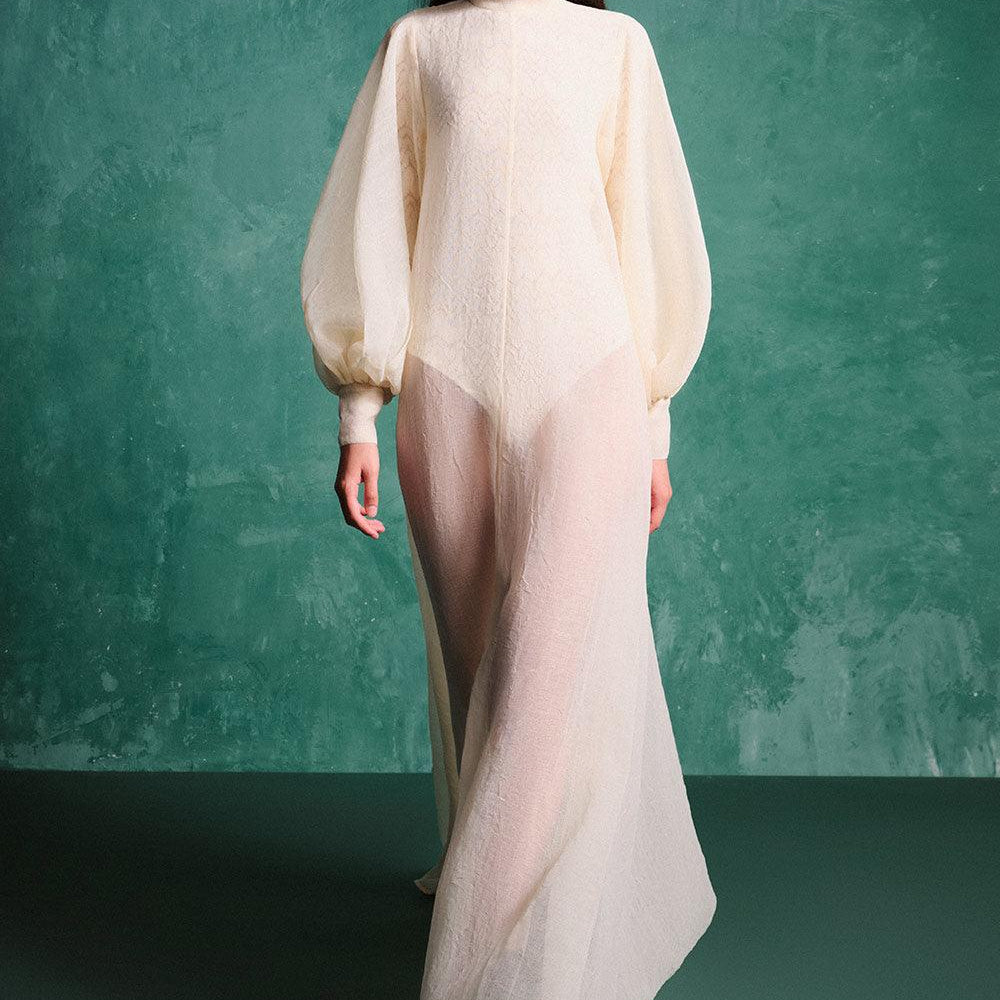 Mackenzie Flared Bishop Sleeved Organza Floor Length Dress