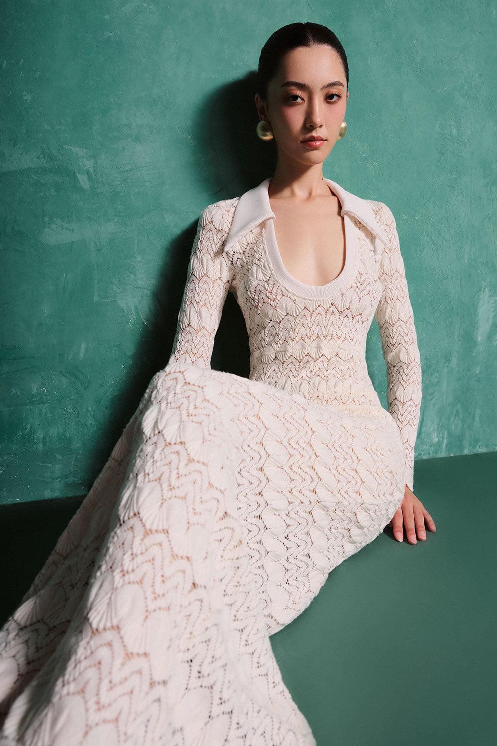 Annabella Sheath Scoop Neck Cotton Lace Floor Length Dress L / White Cream / Seashell