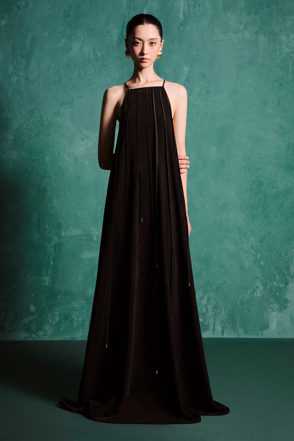 Allyson Trapezoid Spaghetti Strap Spandex Velvet Floor Length Dress Black / Customize