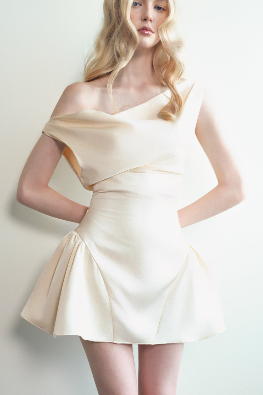 Vivi A-line Asymmetric Shoulder Silk Lace Mini Dress