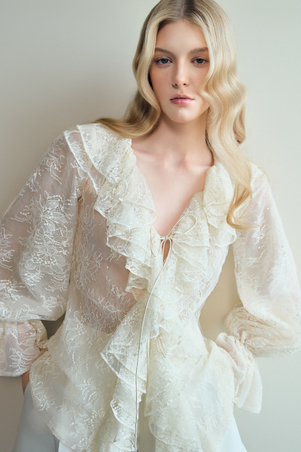 Ori Blouson Ruffle Layer Lace Blouse