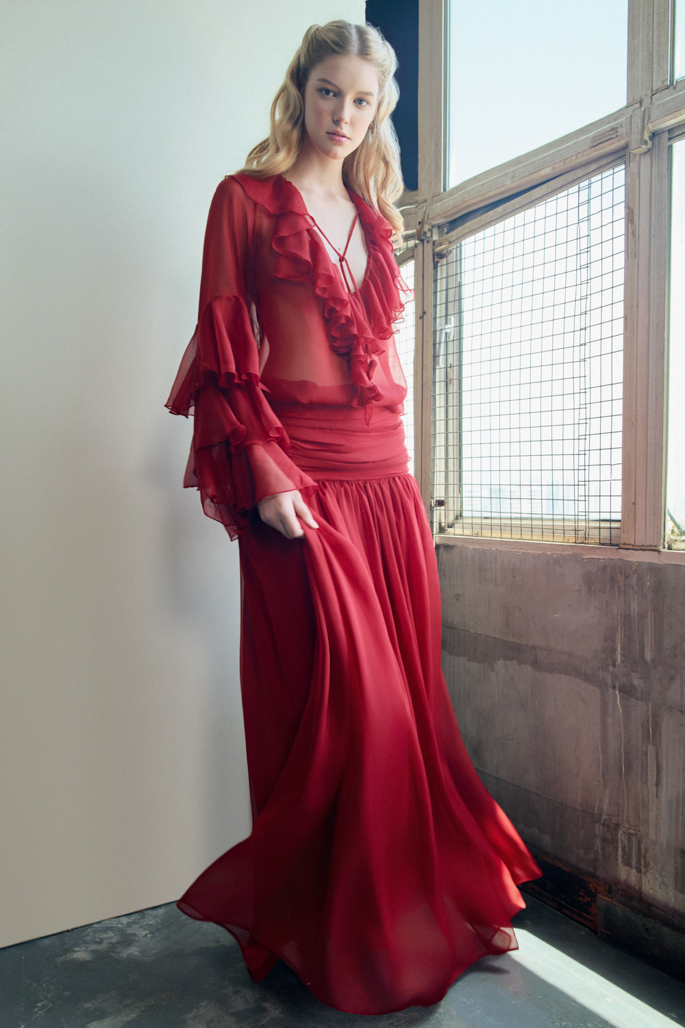 Aeris A-line Ruffle Collar Organza Voile Maxi Set